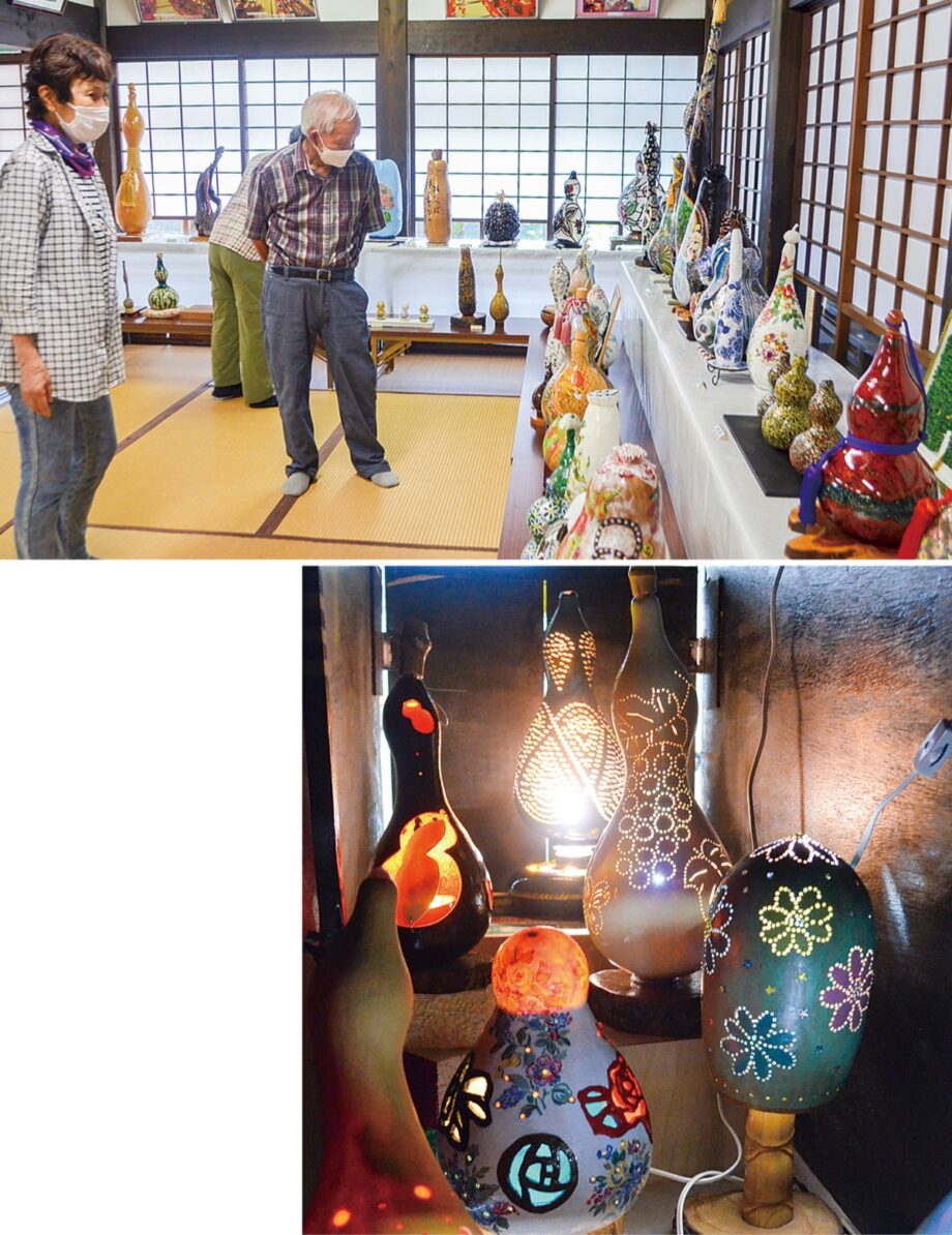 装飾されたひょうたんが並ぶ「ひょうたんアート作品展」相模原市の相模田名民家資料館で9月18日まで