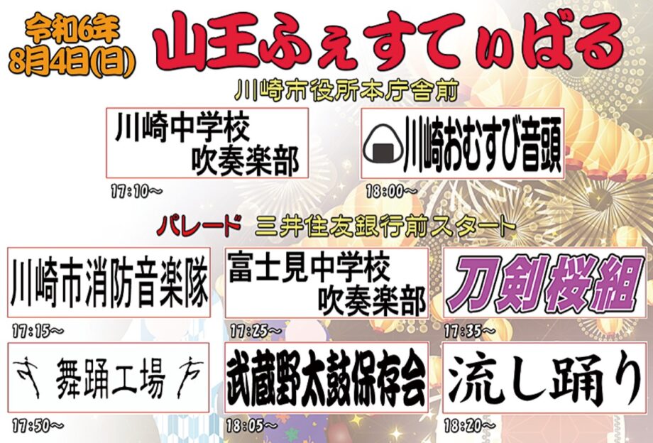 【８月４日】川崎市役所通りでパレード「山王ふぇすてぃばる」吹奏楽や演舞、２基の宮神輿も合流