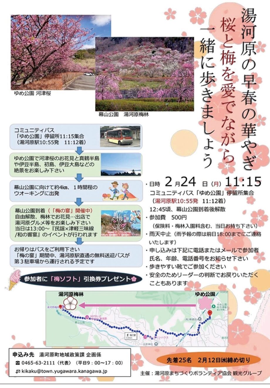 【先着25名】まち歩きイベント「湯河原の早春の華やぎ 桜と梅を愛でながら一緒に歩きましょう」