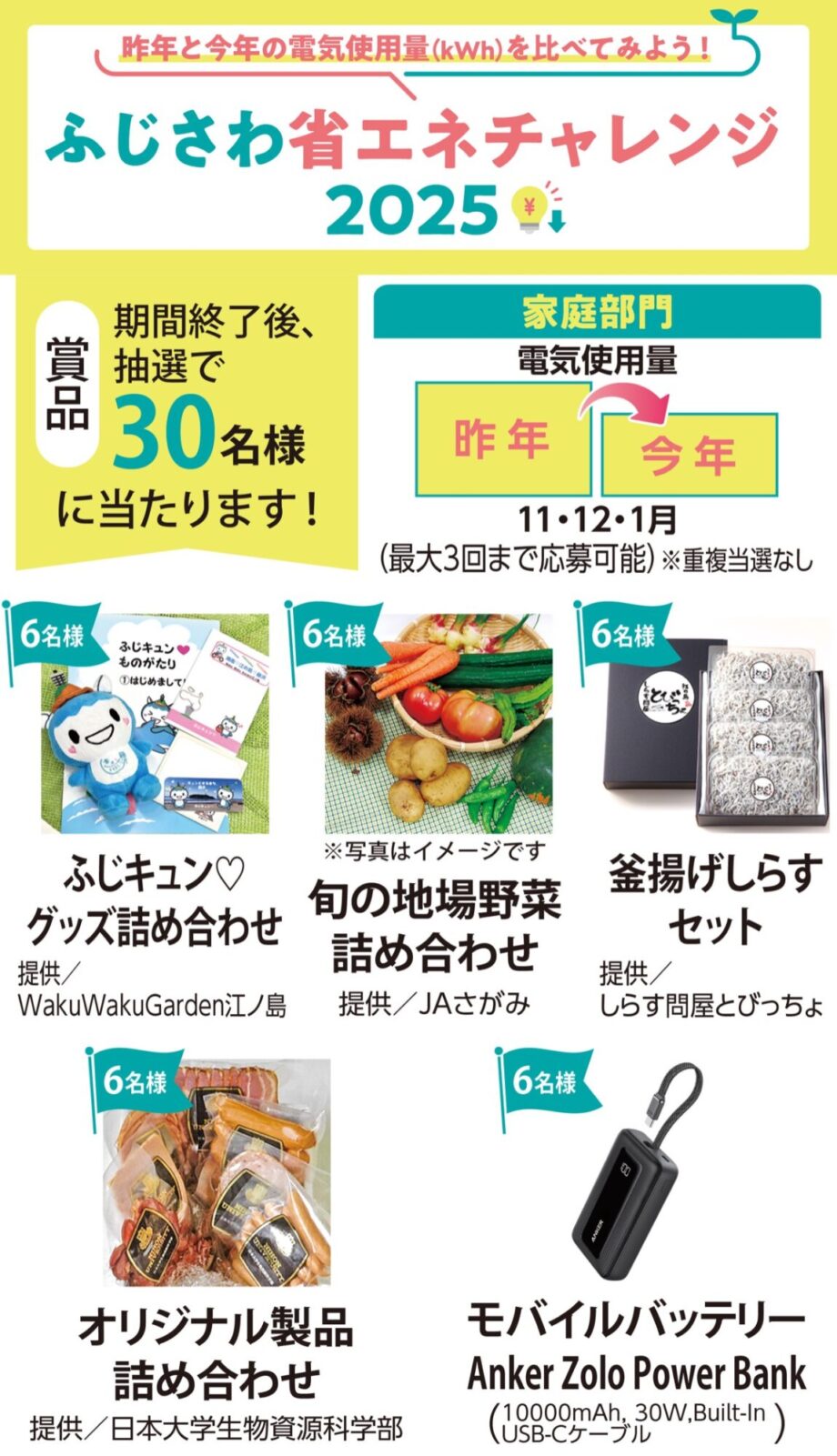 応募は2月15日（日）まで「ふじさわ省エネチャレンジ２０２５」電気使用量を報告すると抽選で30人に賞品が当たる！